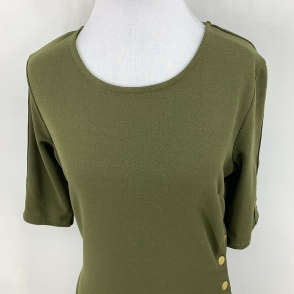 Haute Monde Snap Button Dress Womens M Medium Avocado Mid Sleeve Bodycon Stretch - Picture 3 of 11